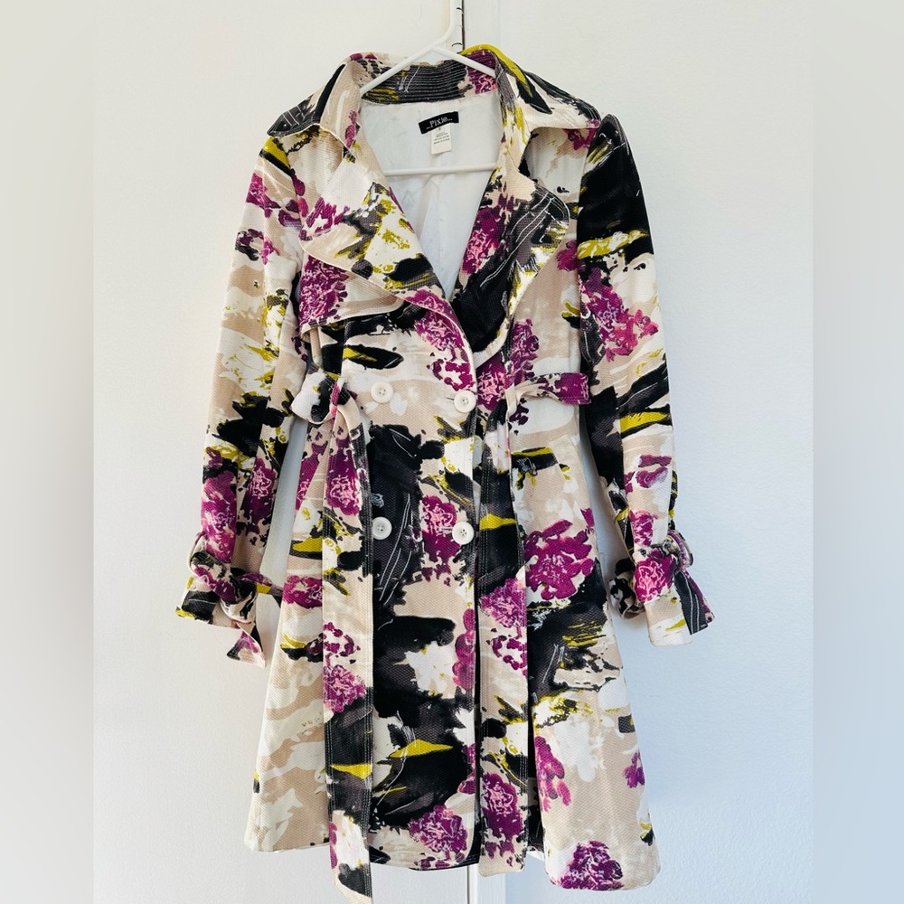 Pixie coat Sewing Patterns Multi Color Floral Tie Waist heavy cotton Coat Size S